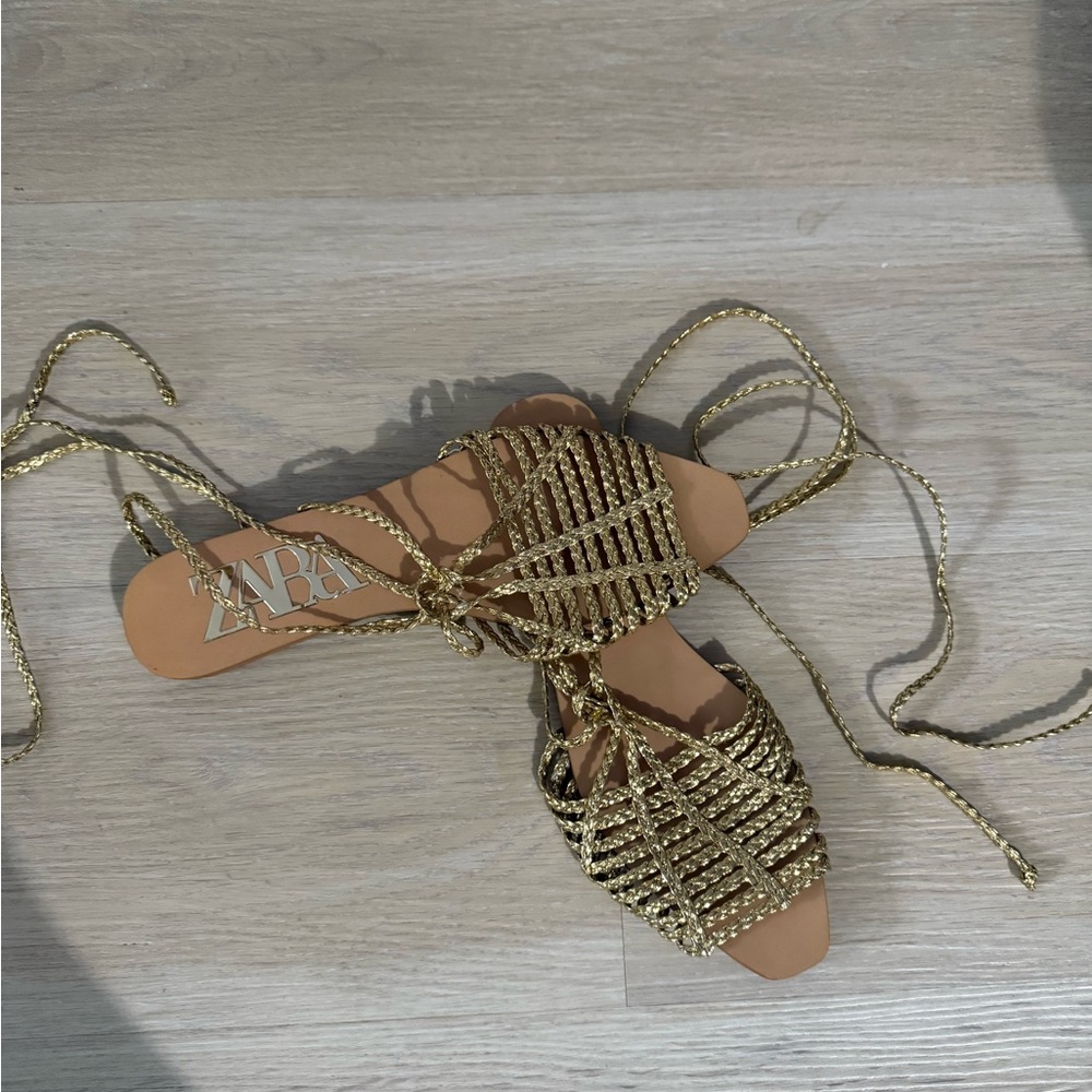 Gold Zara tie up sandals